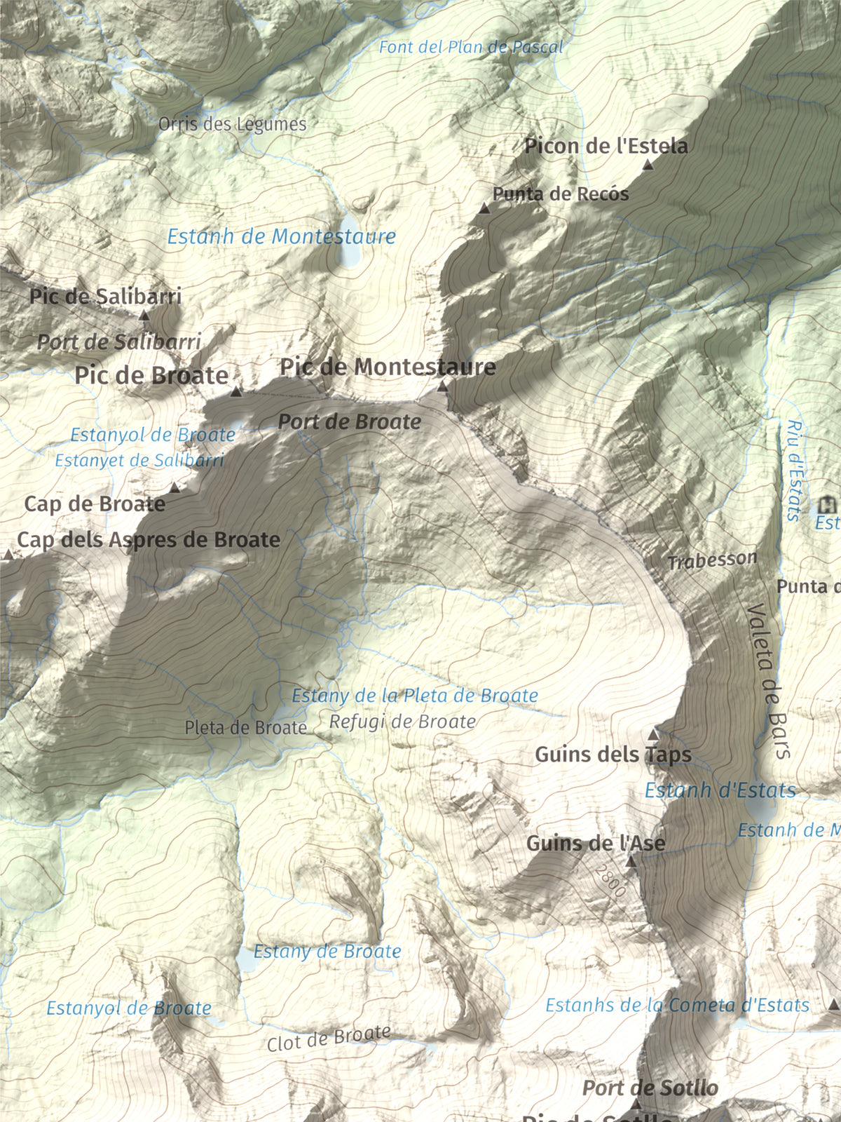 Mapa de relieve de Pica d'Estats, 3144 m, Pallars Sobirà, lámina 100 Cims de Trobart. Detalle de la zona superior izquierda. 30 × 40 cm.