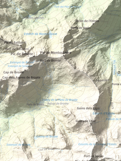Mapa de relieve de Pica d'Estats, 3144 m, Pallars Sobirà, lámina 100 Cims de Trobart. Detalle de la zona superior izquierda. 30 × 40 cm.