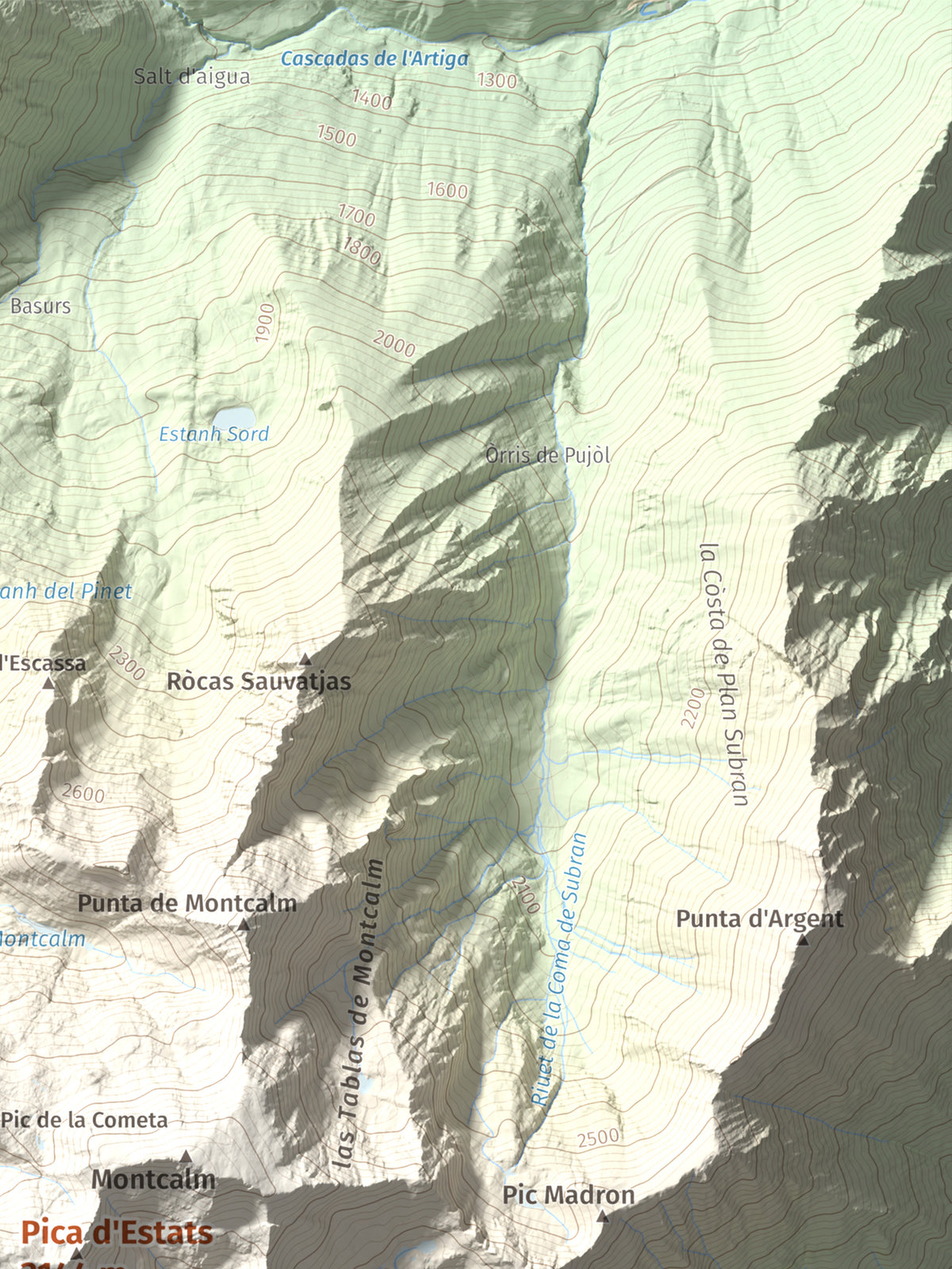 Mapa de relieve de Pica d'Estats, 3144 m, Pallars Sobirà, lámina 100 Cims de Trobart. Detalle de la zona superior derecha. 30 × 40 cm.