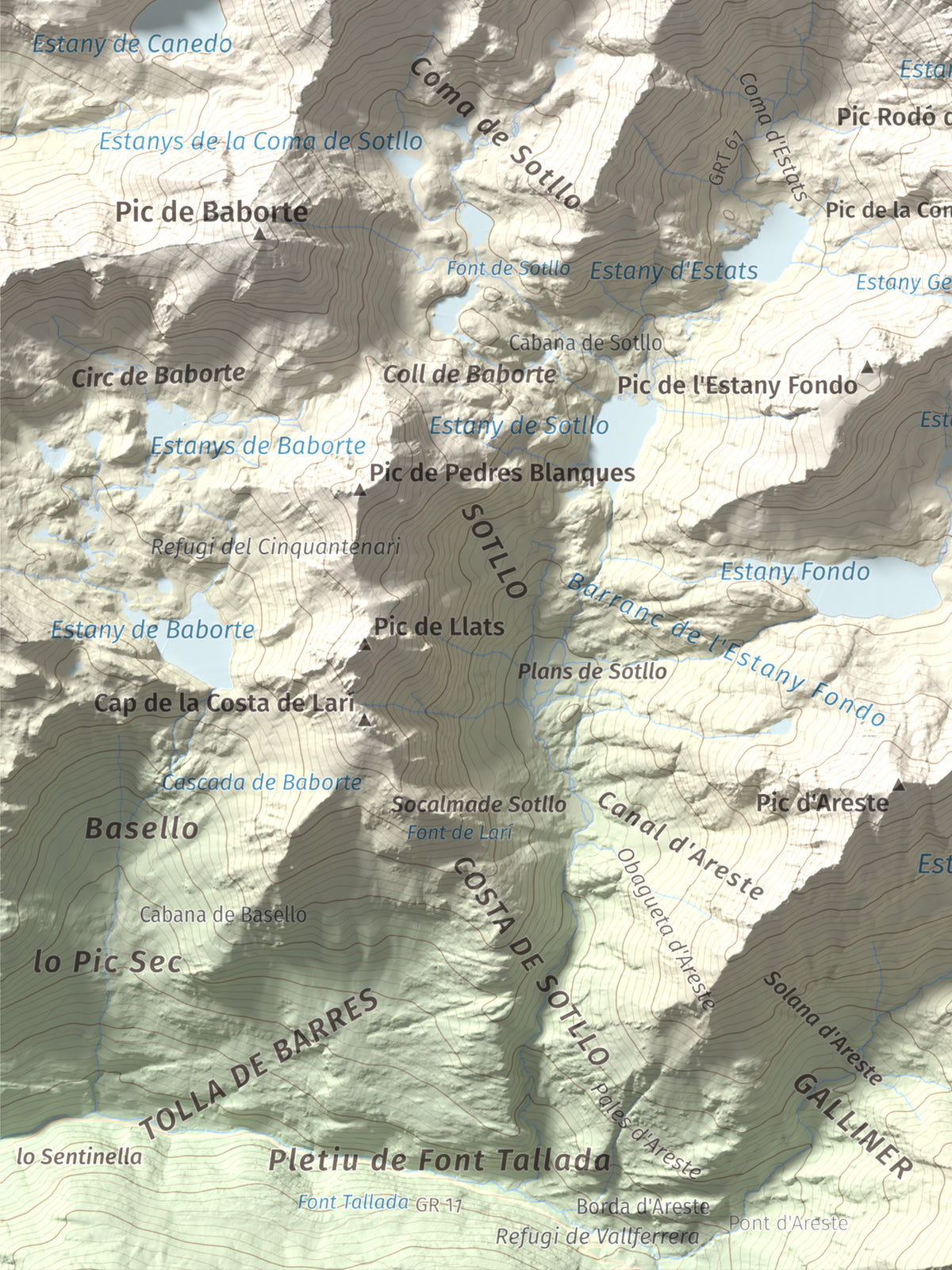 Mapa de relieve de Pica d'Estats, 3144 m, Pallars Sobirà, lámina 100 Cims de Trobart. Detalle de la zona inferior izquierda. 30 × 40 cm.