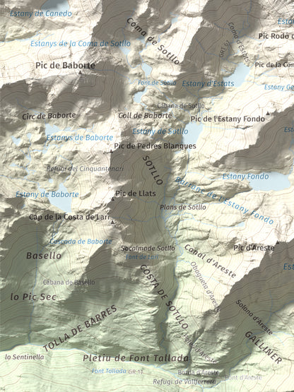 Mapa de relieve de Pica d'Estats, 3144 m, Pallars Sobirà, lámina 100 Cims de Trobart. Detalle de la zona inferior izquierda. 30 × 40 cm.