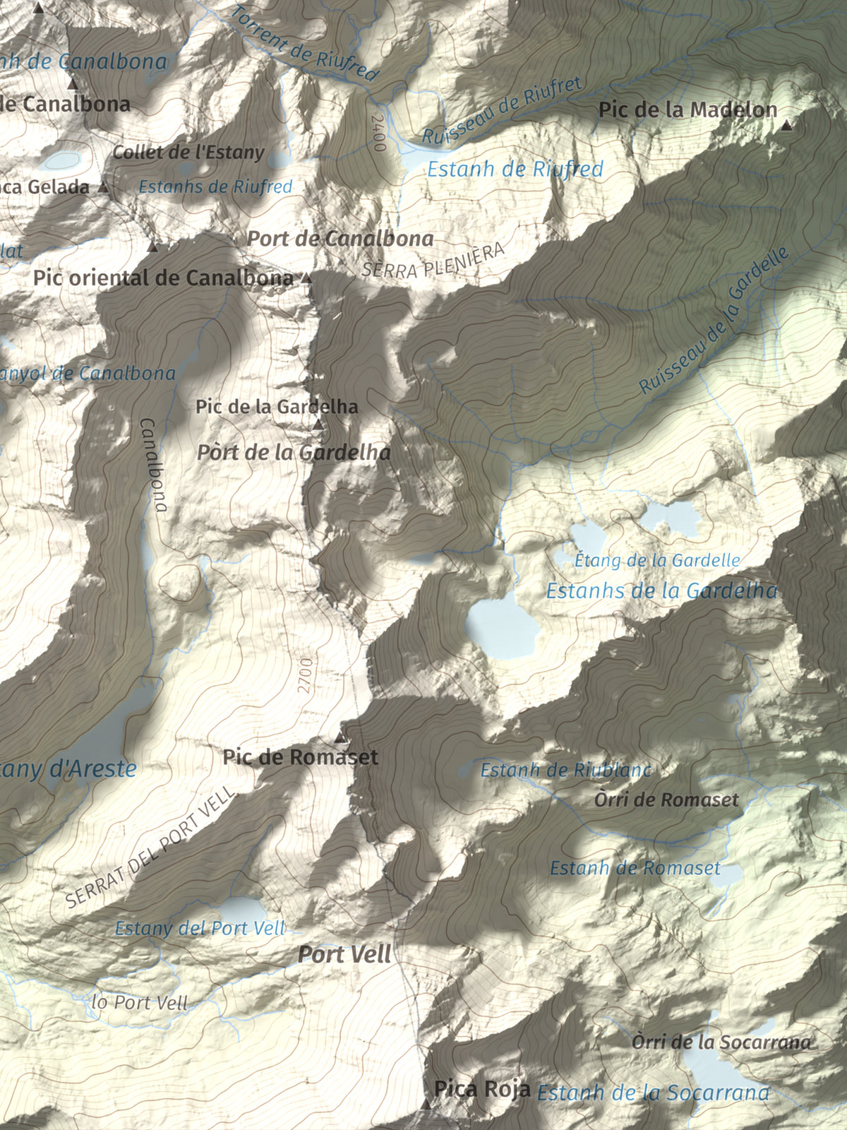 Mapa de relieve de Pica d'Estats, 3144 m, Pallars Sobirà, lámina 100 Cims de Trobart. Detalle de la zona inferior derecha. 30 × 40 cm.