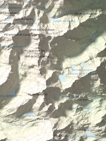 Mapa de relieve de Pica d'Estats, 3144 m, Pallars Sobirà, lámina 100 Cims de Trobart. Detalle de la zona inferior derecha. 30 × 40 cm.