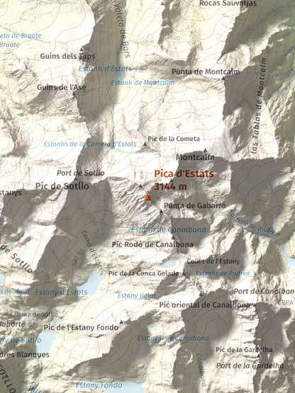 Mapa de relieve de Pica d'Estats, 3144 m, Pallars Sobirà, lámina 100 Cims de Trobart. Detalle de la zona central. 30 × 40 cm.