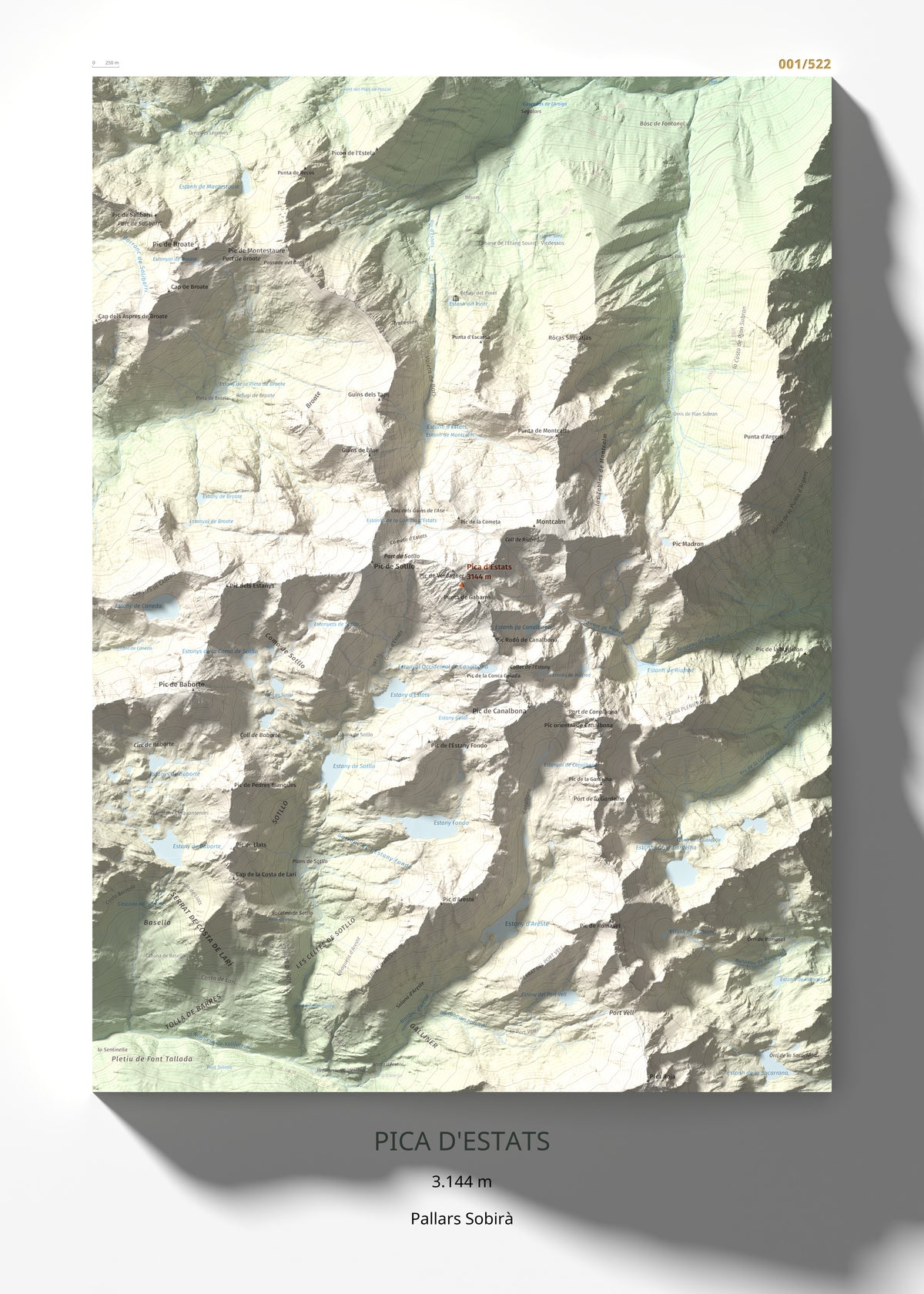 Mapa de relieve de Pica d'Estats, 3144 m, Pallars Sobirà, lámina 100 Cims de Trobart 50 × 70 cm.