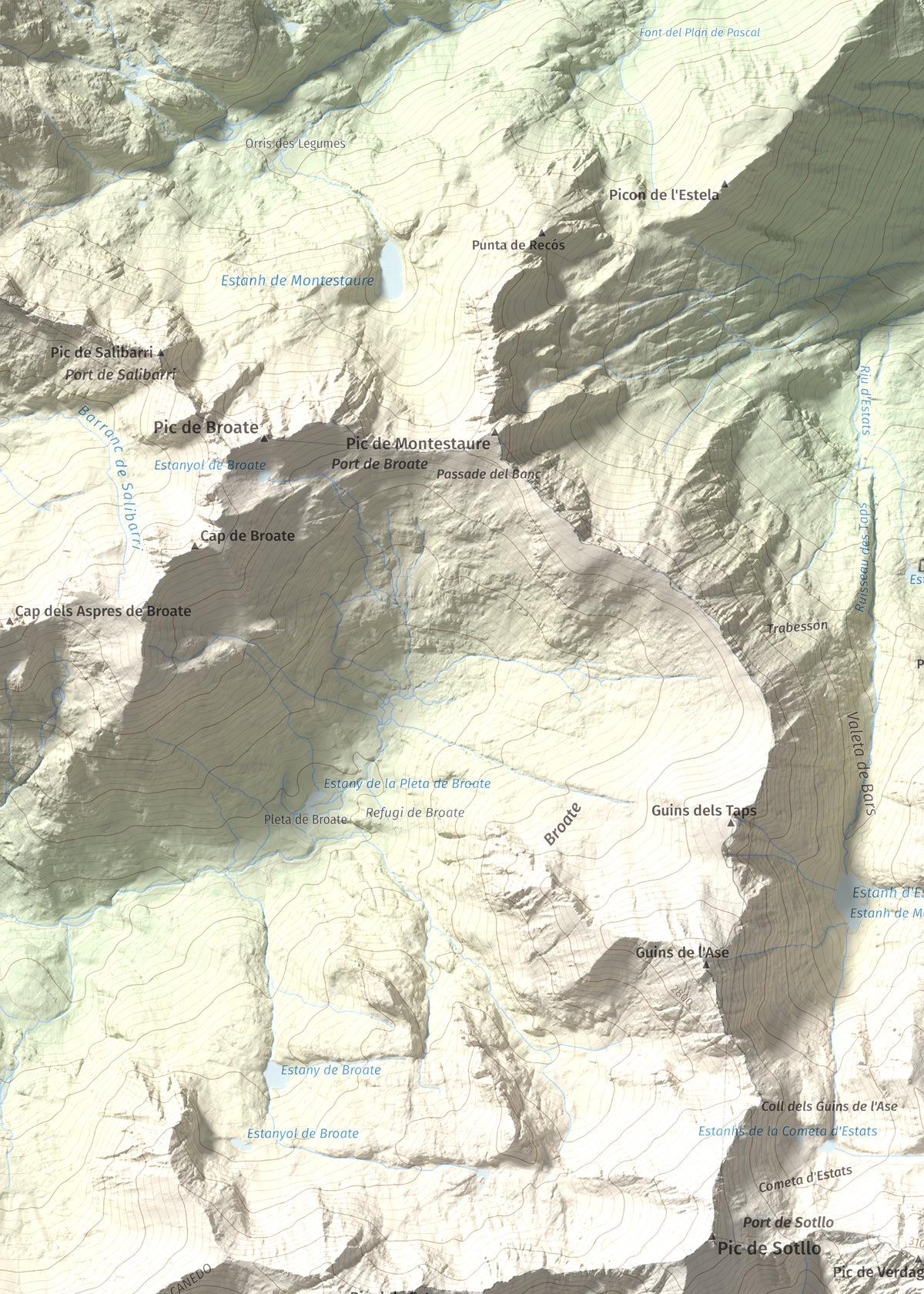 Mapa de relieve de Pica d'Estats, 3144 m, Pallars Sobirà, lámina 100 Cims de Trobart. Detalle de la zona superior izquierda. 50 × 70 cm.