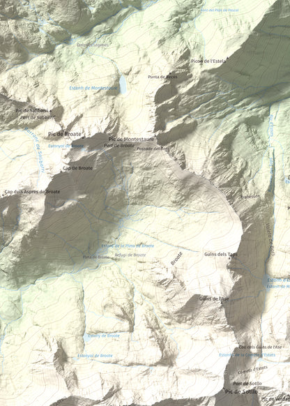 Mapa de relieve de Pica d'Estats, 3144 m, Pallars Sobirà, lámina 100 Cims de Trobart. Detalle de la zona superior izquierda. 50 × 70 cm.