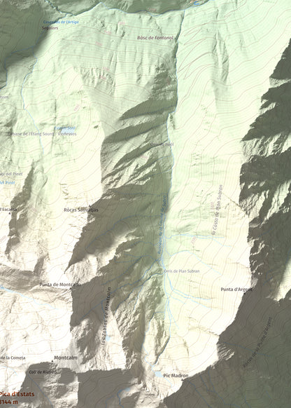 Mapa de relieve de Pica d'Estats, 3144 m, Pallars Sobirà, lámina 100 Cims de Trobart. Detalle de la zona superior derecha. 50 × 70 cm.