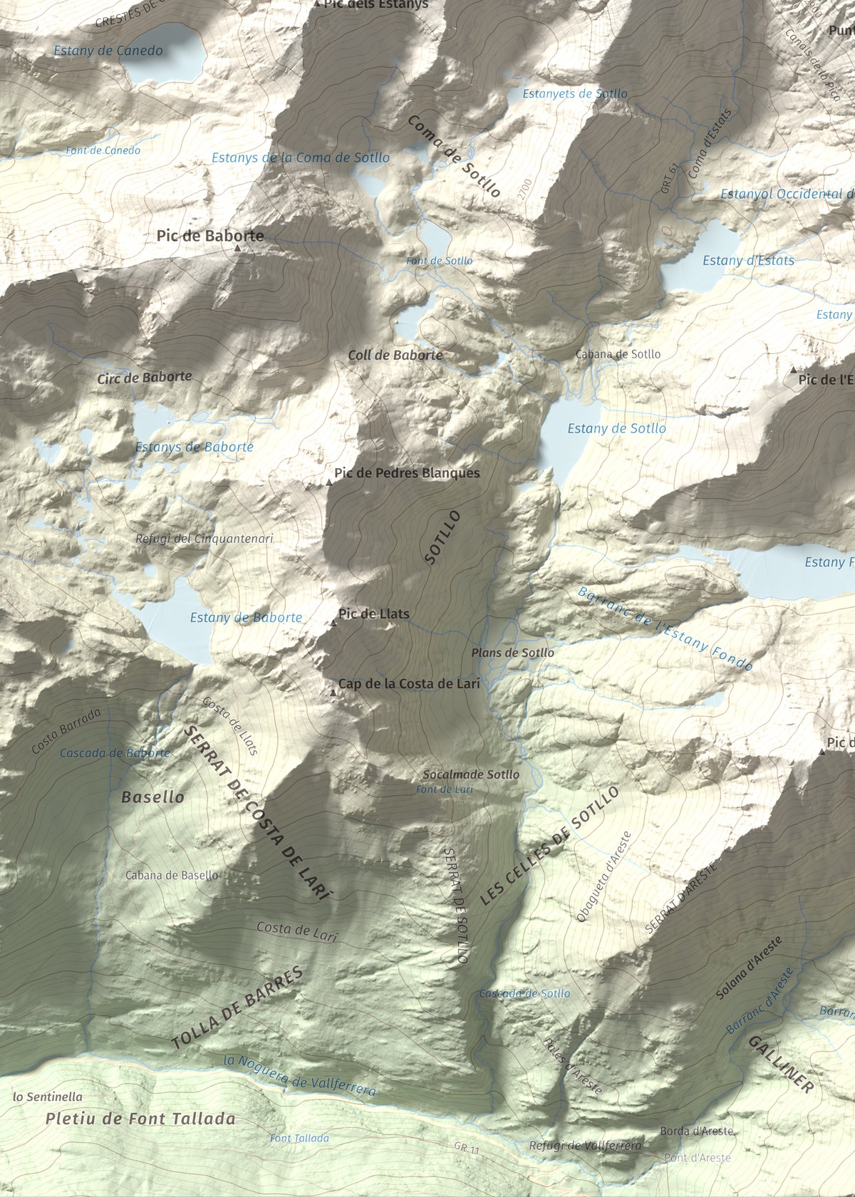 Mapa de relieve de Pica d'Estats, 3144 m, Pallars Sobirà, lámina 100 Cims de Trobart. Detalle de la zona inferior izquierda. 50 × 70 cm.