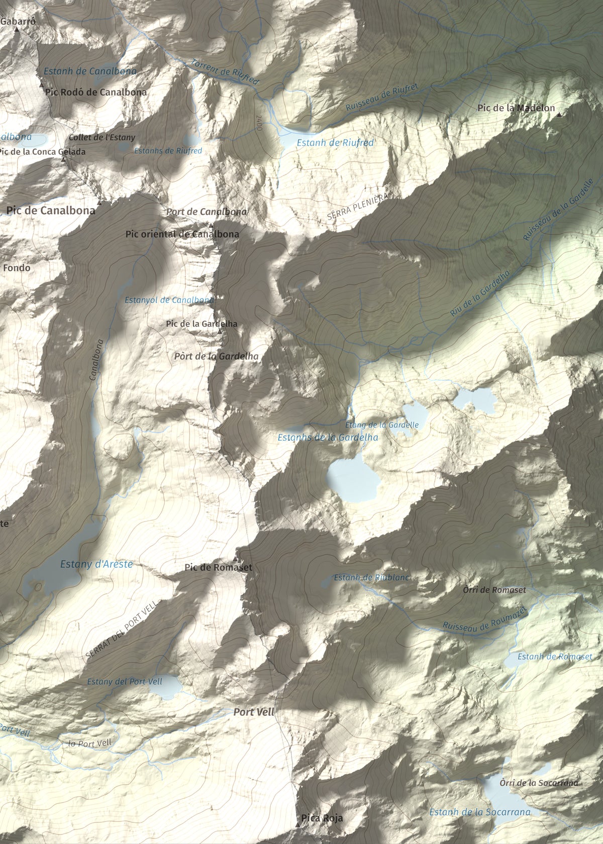 Mapa de relieve de Pica d'Estats, 3144 m, Pallars Sobirà, lámina 100 Cims de Trobart. Detalle de la zona inferior derecha. 50 × 70 cm.