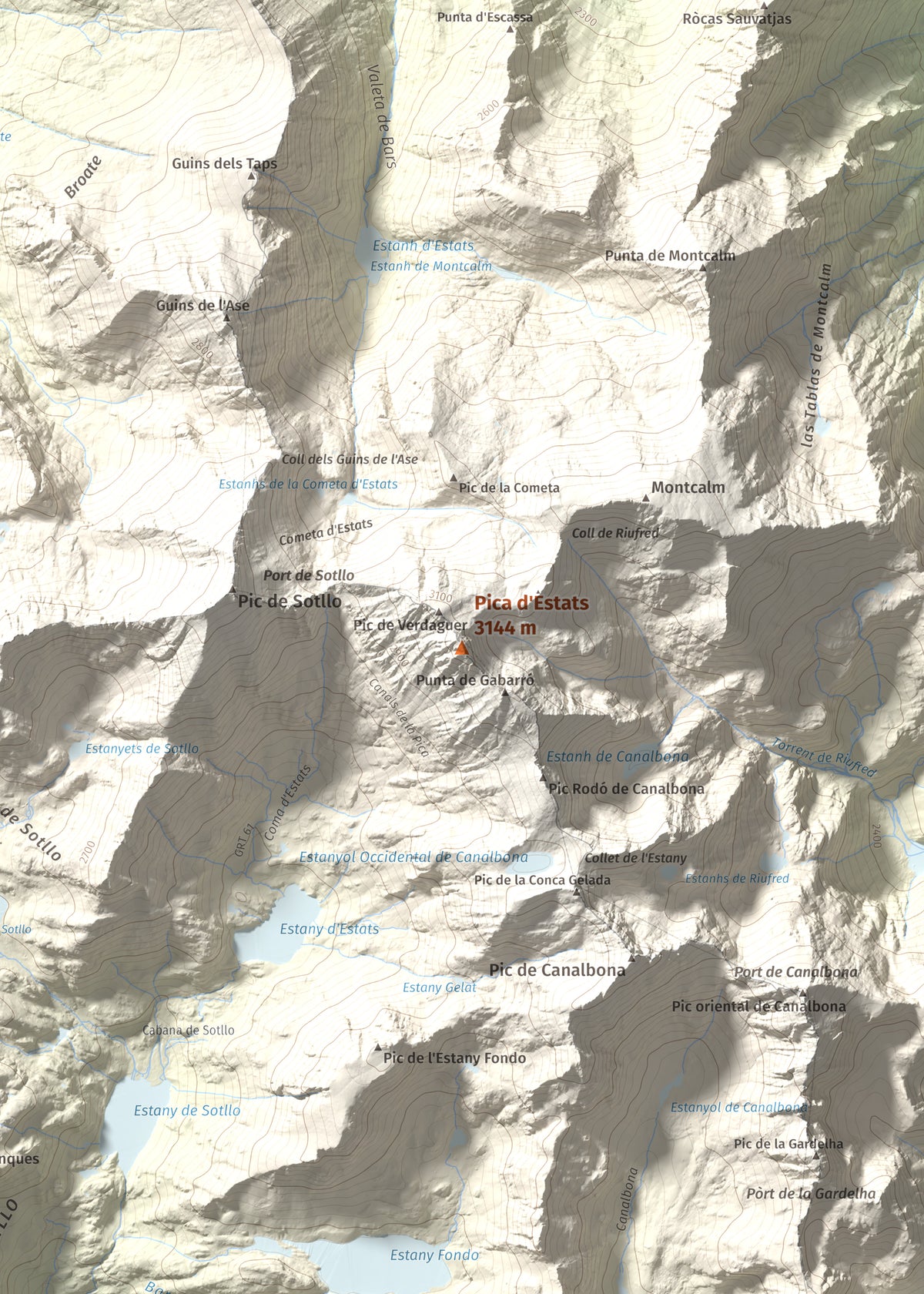 Mapa de relieve de Pica d'Estats, 3144 m, Pallars Sobirà, lámina 100 Cims de Trobart. Detalle de la zona central. 50 × 70 cm.