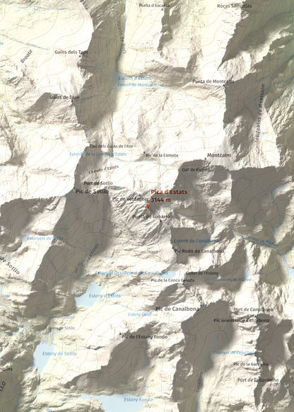 Mapa de relieve de Pica d'Estats, 3144 m, Pallars Sobirà, lámina 100 Cims de Trobart. Detalle de la zona central. 50 × 70 cm.
