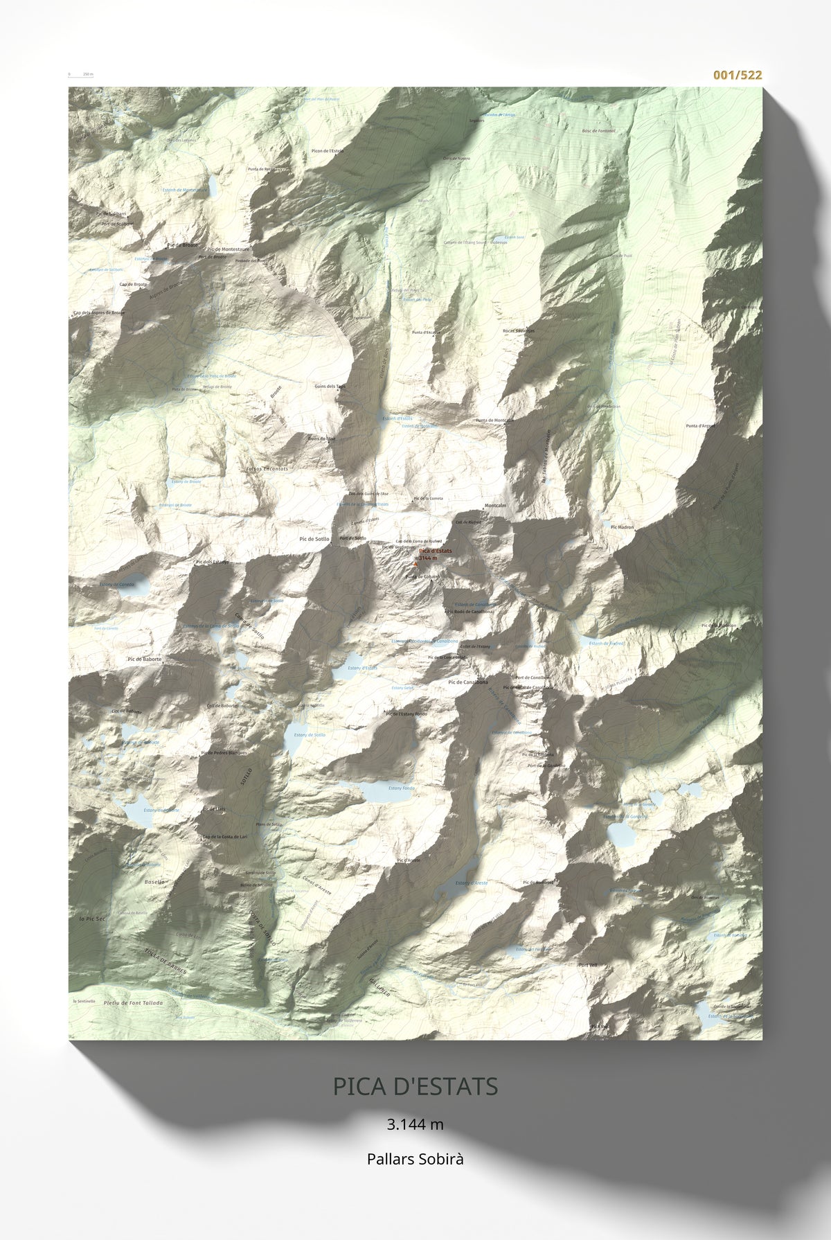 Mapa de relieve de Pica d'Estats, 3144 m, Pallars Sobirà, lámina 100 Cims de Trobart 61 × 91 cm.