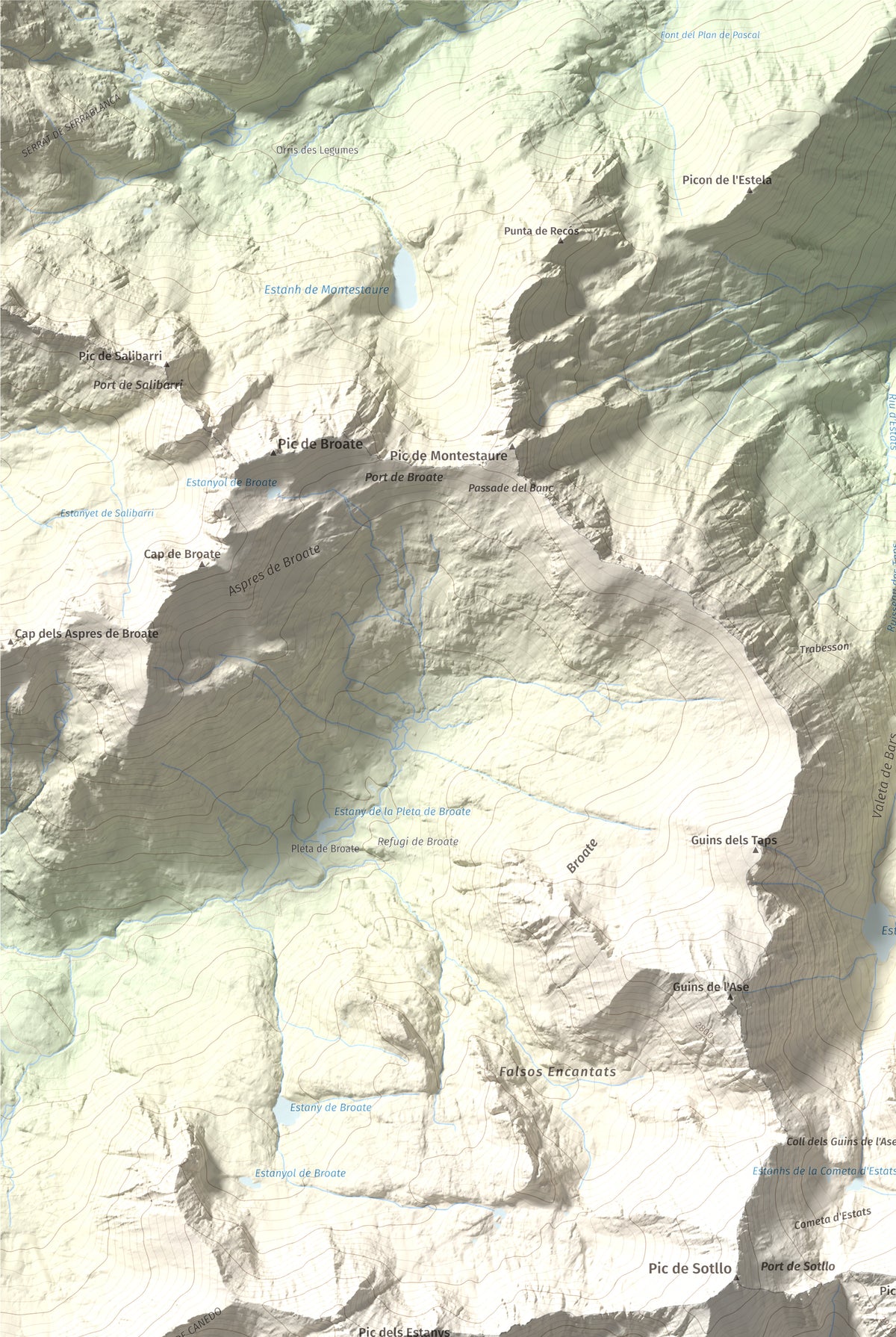 Mapa de relieve de Pica d'Estats, 3144 m, Pallars Sobirà, lámina 100 Cims de Trobart. Detalle de la zona superior izquierda. 61 × 91 cm.
