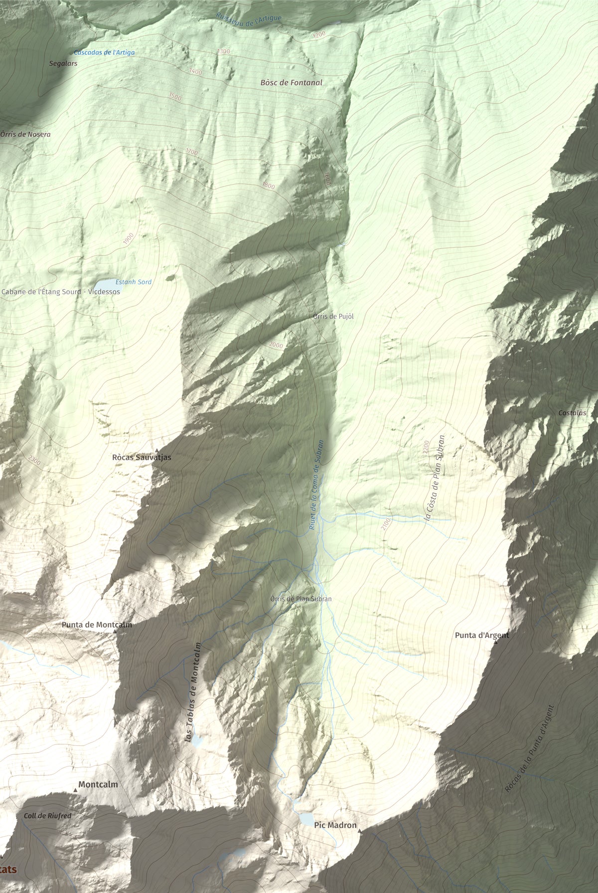 Mapa de relieve de Pica d'Estats, 3144 m, Pallars Sobirà, lámina 100 Cims de Trobart. Detalle de la zona superior derecha. 61 × 91 cm.