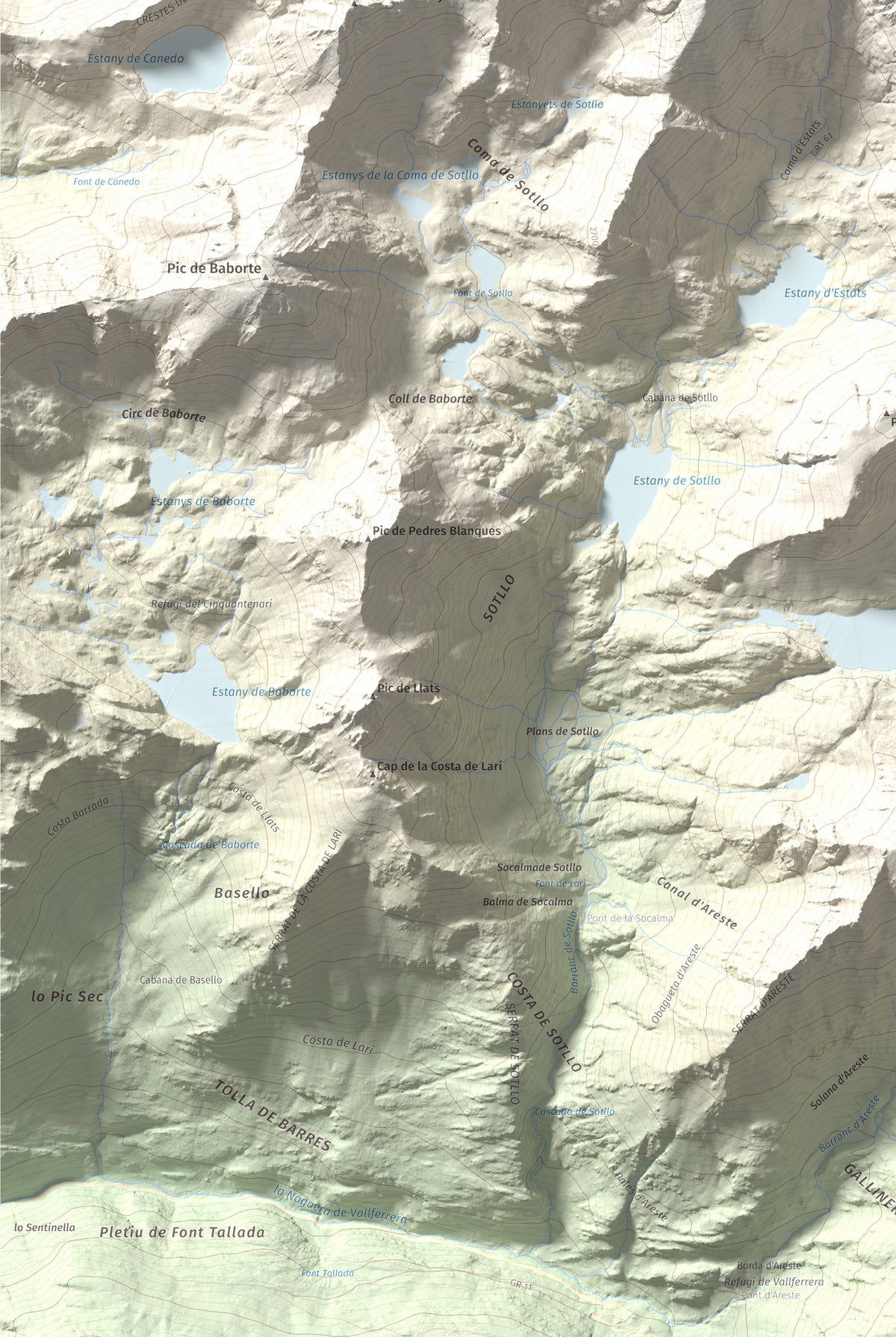 Mapa de relieve de Pica d'Estats, 3144 m, Pallars Sobirà, lámina 100 Cims de Trobart. Detalle de la zona inferior izquierda. 61 × 91 cm.