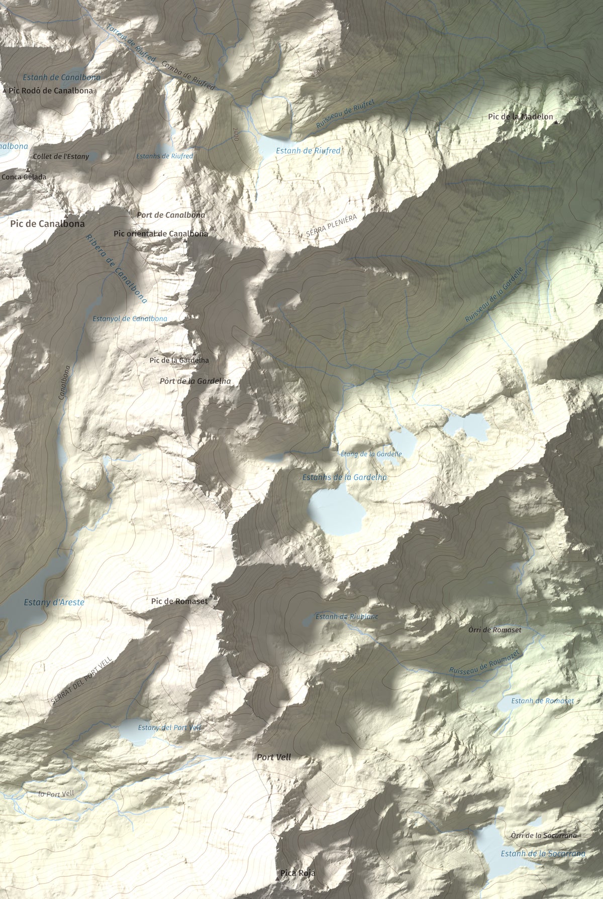 Mapa de relieve de Pica d'Estats, 3144 m, Pallars Sobirà, lámina 100 Cims de Trobart. Detalle de la zona inferior derecha. 61 × 91 cm.