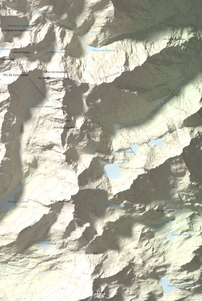 Mapa de relieve de Pica d'Estats, 3144 m, Pallars Sobirà, lámina 100 Cims de Trobart. Detalle de la zona inferior derecha. 61 × 91 cm.