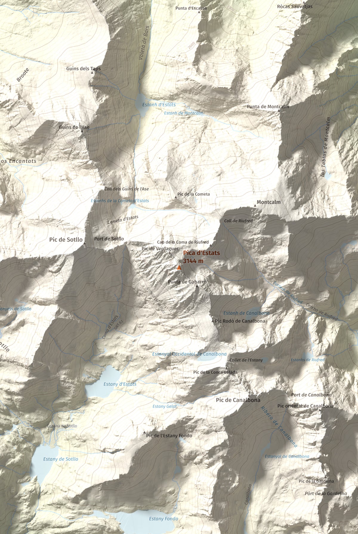 Mapa de relieve de Pica d'Estats, 3144 m, Pallars Sobirà, lámina 100 Cims de Trobart. Detalle de la zona central. 61 × 91 cm.