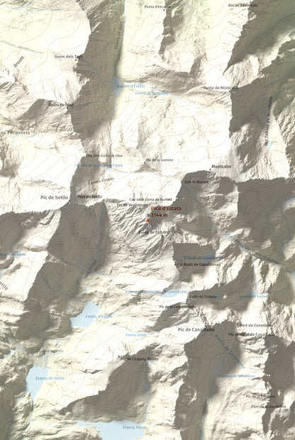 Mapa de relieve de Pica d'Estats, 3144 m, Pallars Sobirà, lámina 100 Cims de Trobart. Detalle de la zona central. 61 × 91 cm.