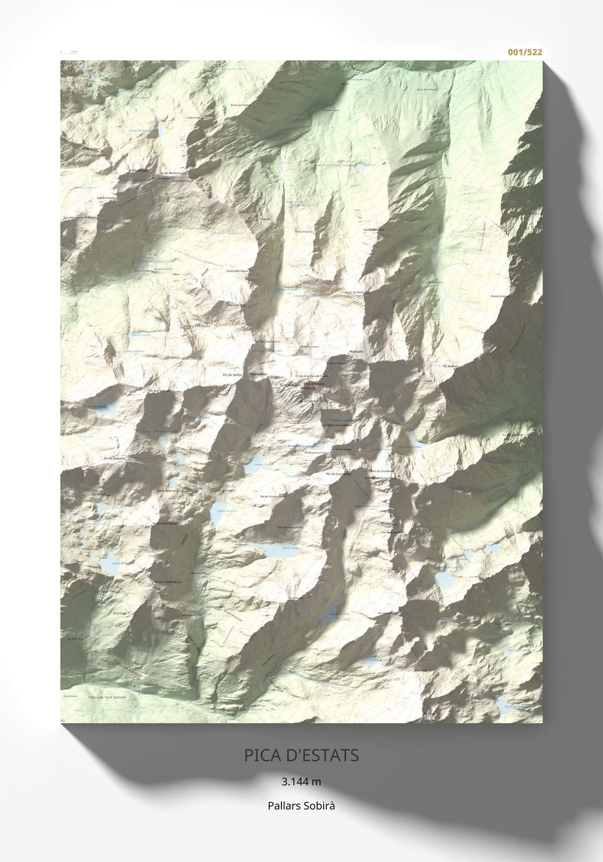 Mapa de relieve de Pica d'Estats, 3144 m, Pallars Sobirà, lámina 100 Cims de Trobart 70 × 100 cm.