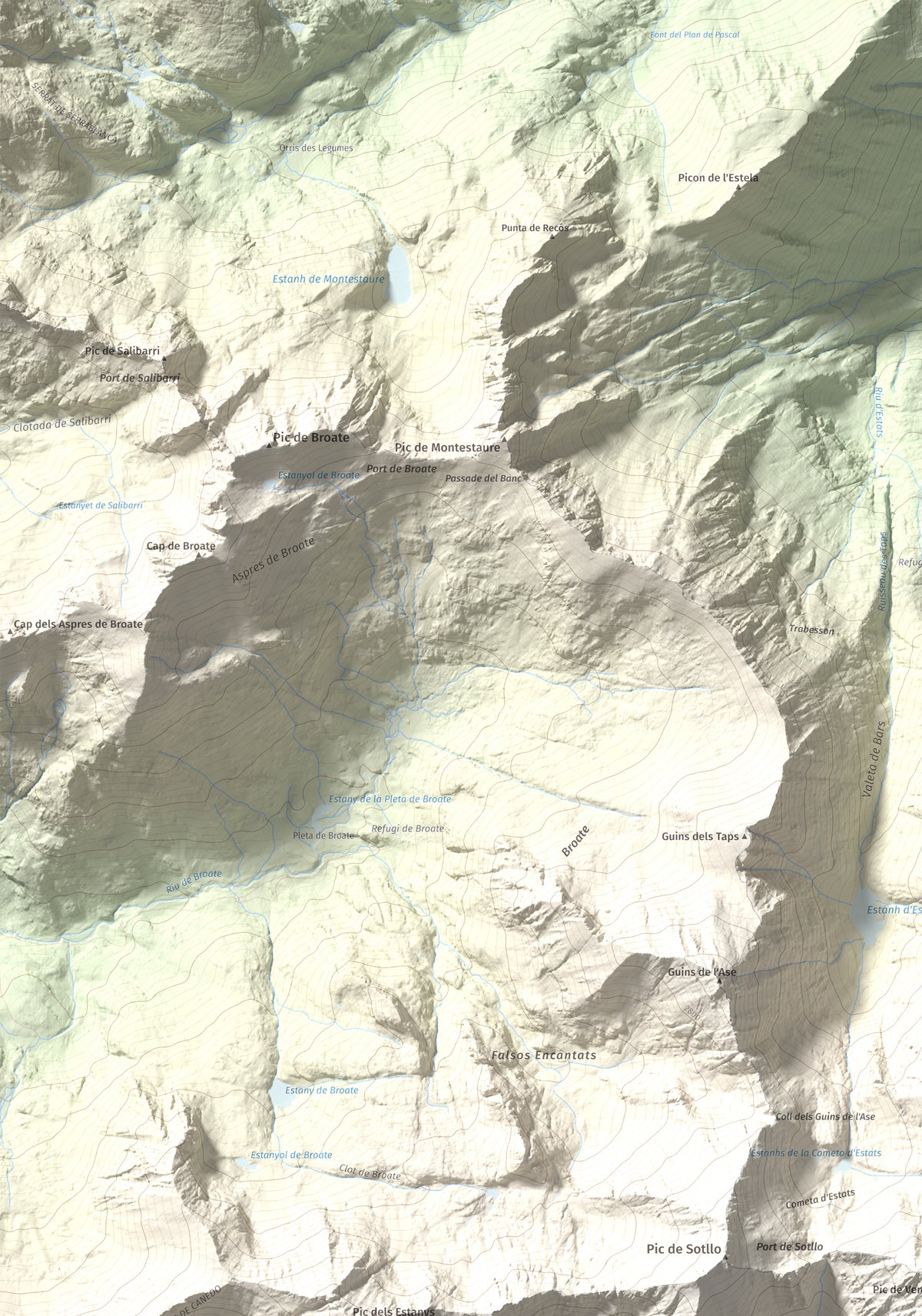 Mapa de relieve de Pica d'Estats, 3144 m, Pallars Sobirà, lámina 100 Cims de Trobart. Detalle de la zona superior izquierda. 70 × 100 cm.