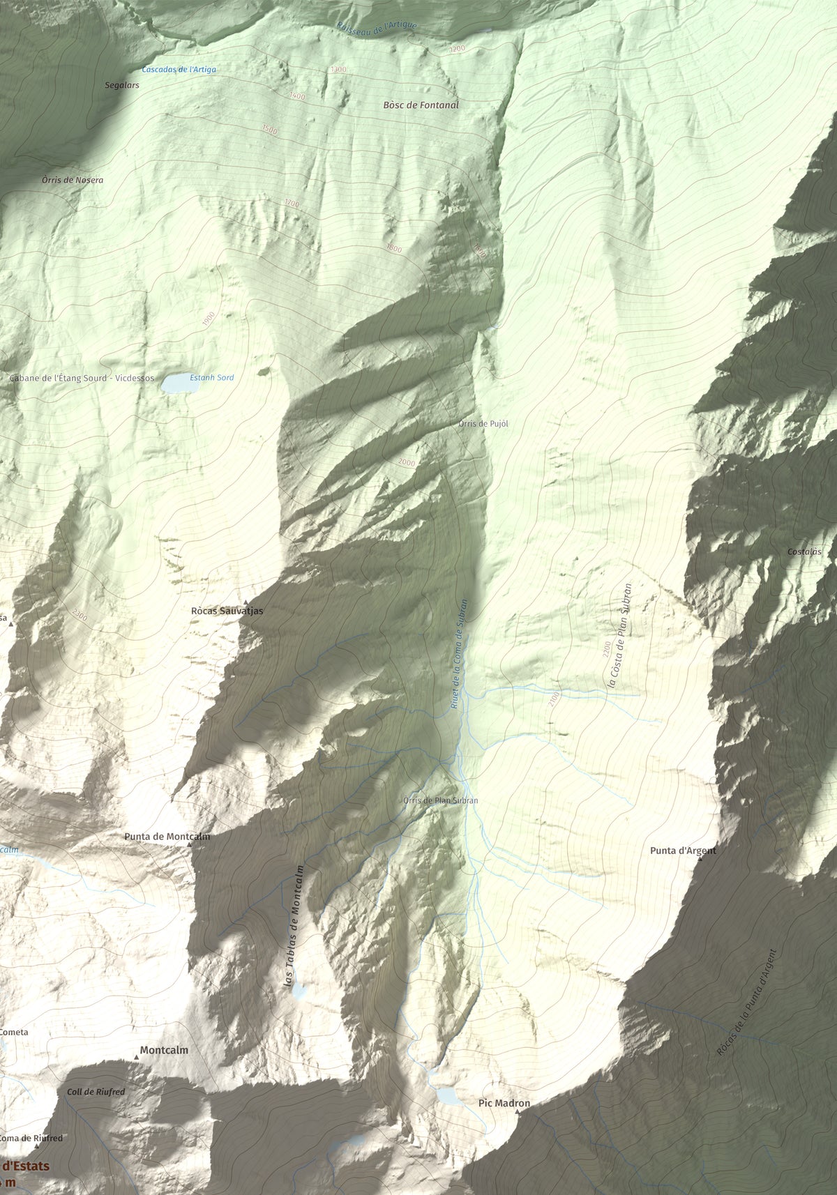 Mapa de relieve de Pica d'Estats, 3144 m, Pallars Sobirà, lámina 100 Cims de Trobart. Detalle de la zona superior derecha. 70 × 100 cm.