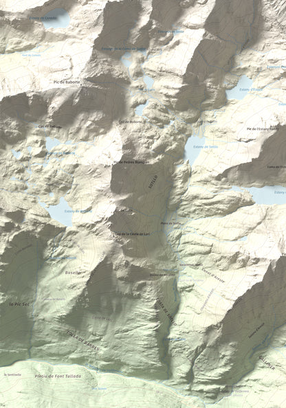 Mapa de relieve de Pica d'Estats, 3144 m, Pallars Sobirà, lámina 100 Cims de Trobart. Detalle de la zona inferior izquierda. 70 × 100 cm.