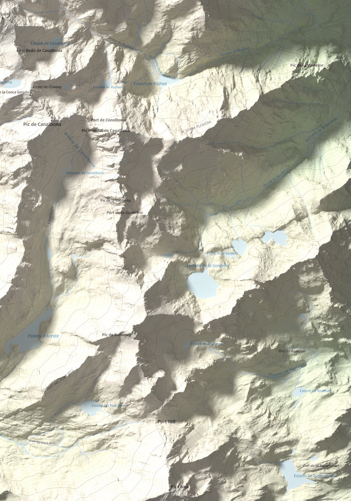 Mapa de relieve de Pica d'Estats, 3144 m, Pallars Sobirà, lámina 100 Cims de Trobart. Detalle de la zona inferior derecha. 70 × 100 cm.