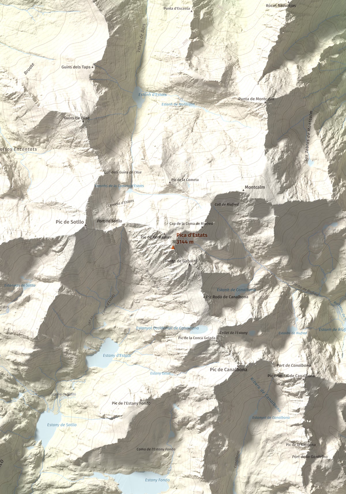 Mapa de relieve de Pica d'Estats, 3144 m, Pallars Sobirà, lámina 100 Cims de Trobart. Detalle de la zona central. 70 × 100 cm.