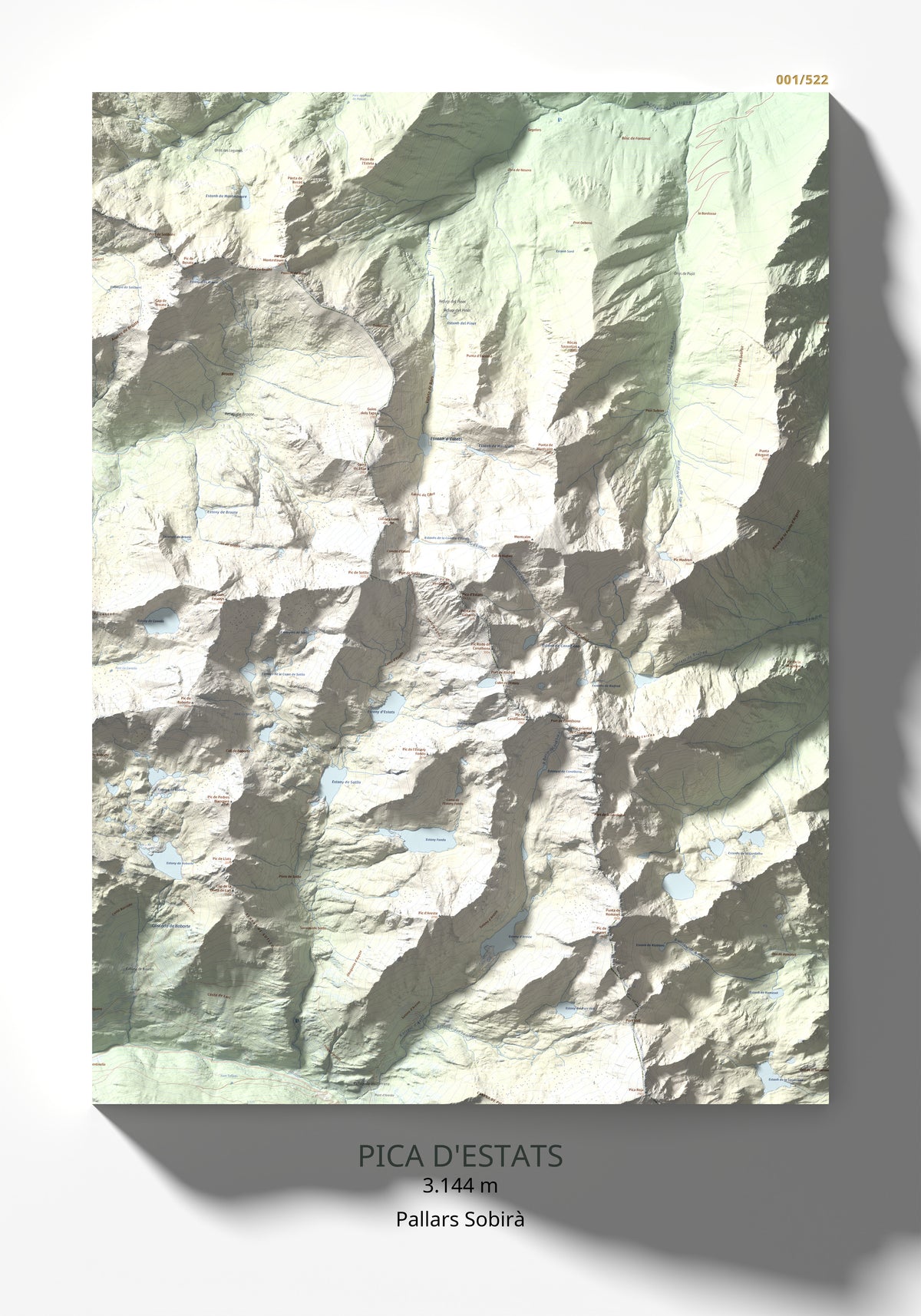Mapa de relieve de Pica d'Estats, 3144 m, Pallars Sobirà, lámina 100 Cims de Trobart 70 × 100 cm.