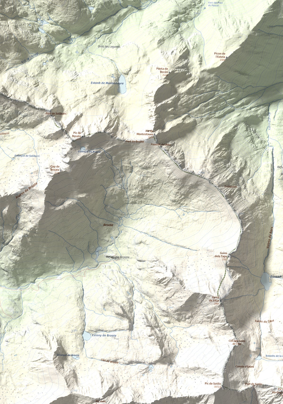 Mapa de relieve de Pica d'Estats, 3144 m, Pallars Sobirà, lámina 100 Cims de Trobart. Detalle de la zona superior izquierda. 70 × 100 cm.