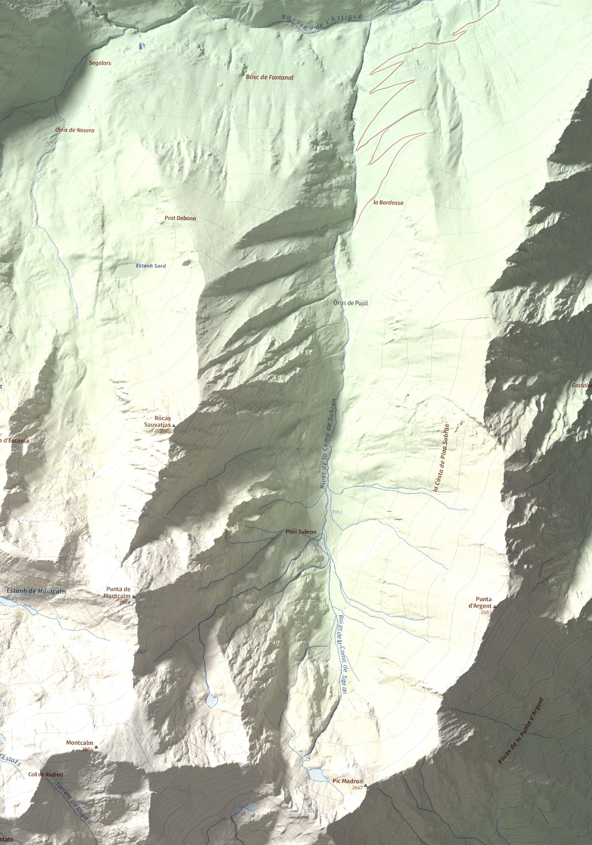 Mapa de relieve de Pica d'Estats, 3144 m, Pallars Sobirà, lámina 100 Cims de Trobart. Detalle de la zona superior derecha. 70 × 100 cm.