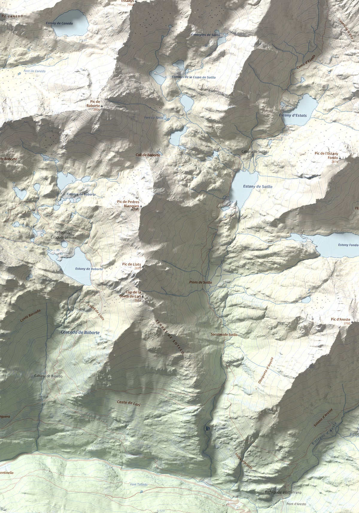 Mapa de relieve de Pica d'Estats, 3144 m, Pallars Sobirà, lámina 100 Cims de Trobart. Detalle de la zona inferior izquierda. 70 × 100 cm.