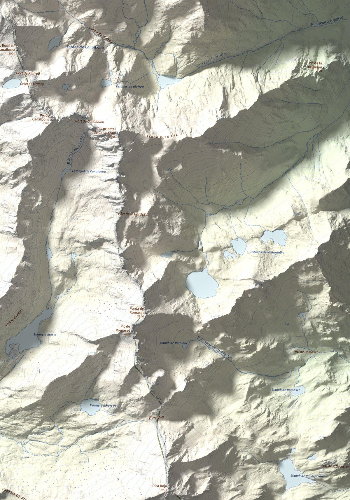 Mapa de relieve de Pica d'Estats, 3144 m, Pallars Sobirà, lámina 100 Cims de Trobart. Detalle de la zona inferior derecha. 70 × 100 cm.