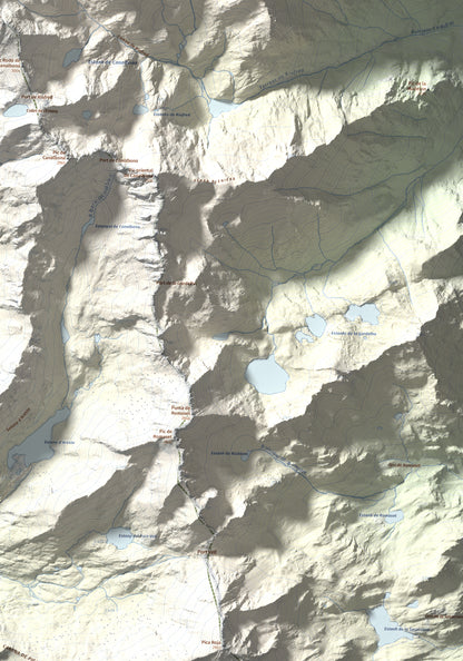 Mapa de relieve de Pica d'Estats, 3144 m, Pallars Sobirà, lámina 100 Cims de Trobart. Detalle de la zona inferior derecha. 70 × 100 cm.