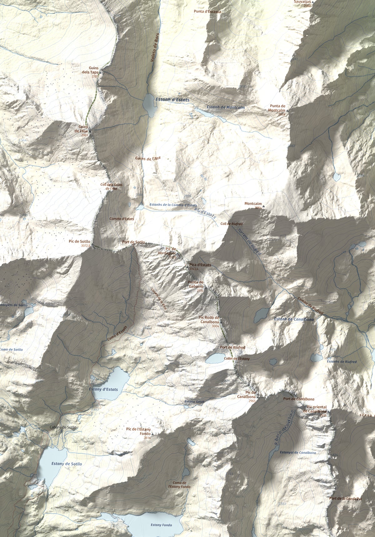 Mapa de relieve de Pica d'Estats, 3144 m, Pallars Sobirà, lámina 100 Cims de Trobart. Detalle de la zona central. 70 × 100 cm.