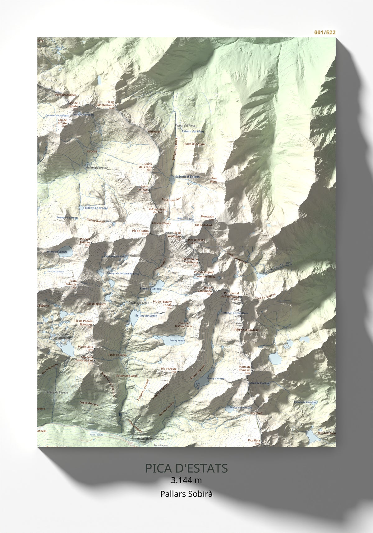 Mapa de relieve de Pica d'Estats, 3144 m, Pallars Sobirà, lámina 100 Cims de Trobart 30 × 40 cm.
