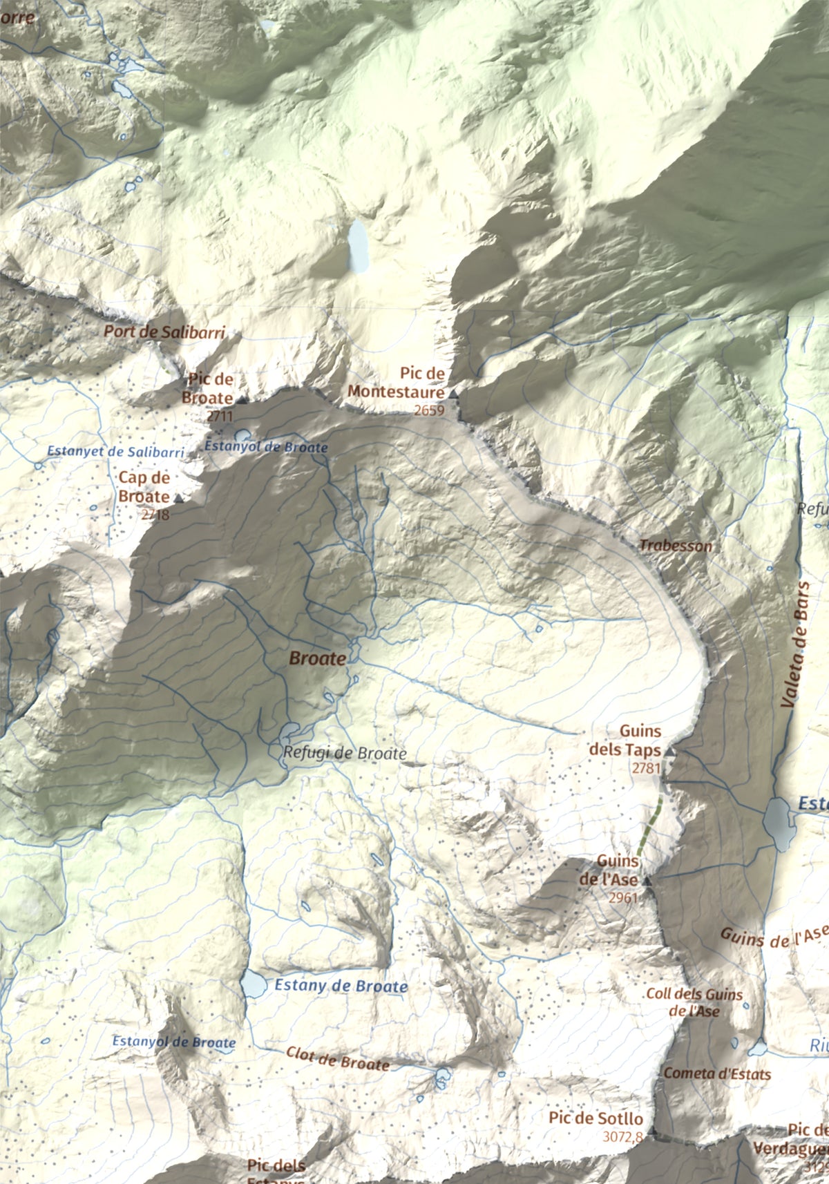 Mapa de relieve de Pica d'Estats, 3144 m, Pallars Sobirà, lámina 100 Cims de Trobart. Detalle de la zona superior izquierda. 30 × 40 cm.