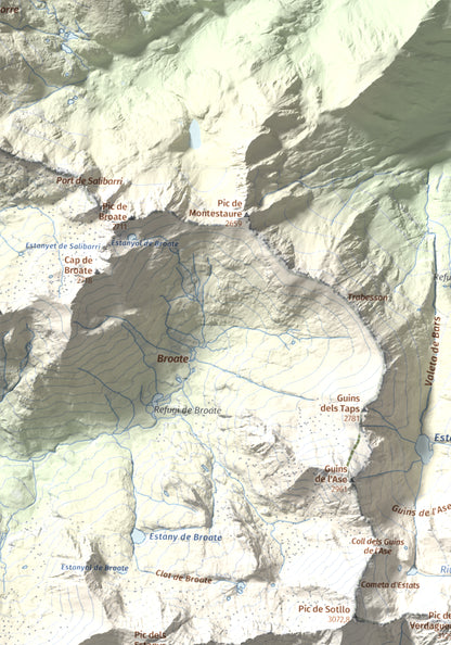 Mapa de relieve de Pica d'Estats, 3144 m, Pallars Sobirà, lámina 100 Cims de Trobart. Detalle de la zona superior izquierda. 30 × 40 cm.