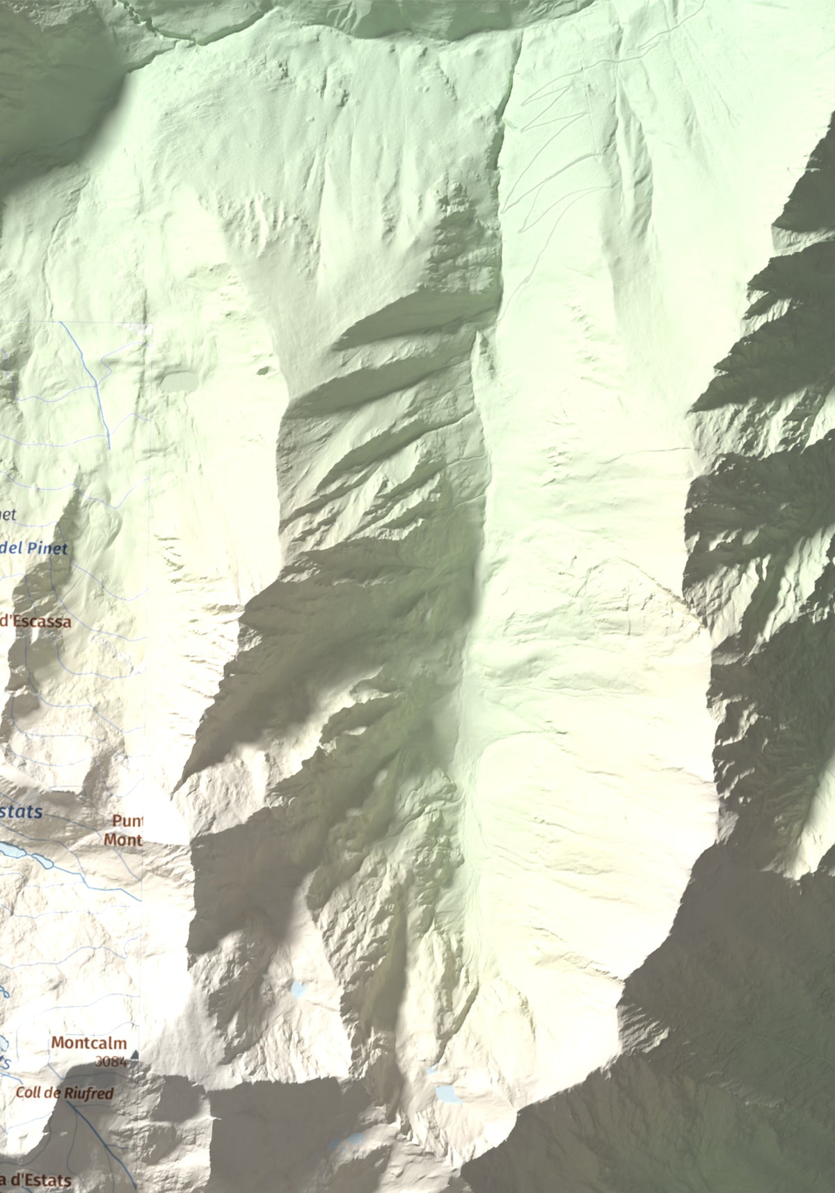 Mapa de relieve de Pica d'Estats, 3144 m, Pallars Sobirà, lámina 100 Cims de Trobart. Detalle de la zona superior derecha. 30 × 40 cm.