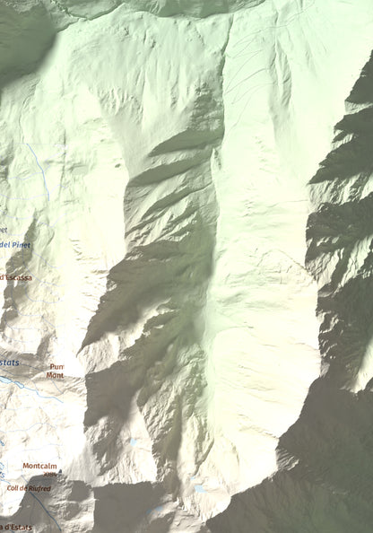 Mapa de relieve de Pica d'Estats, 3144 m, Pallars Sobirà, lámina 100 Cims de Trobart. Detalle de la zona superior derecha. 30 × 40 cm.