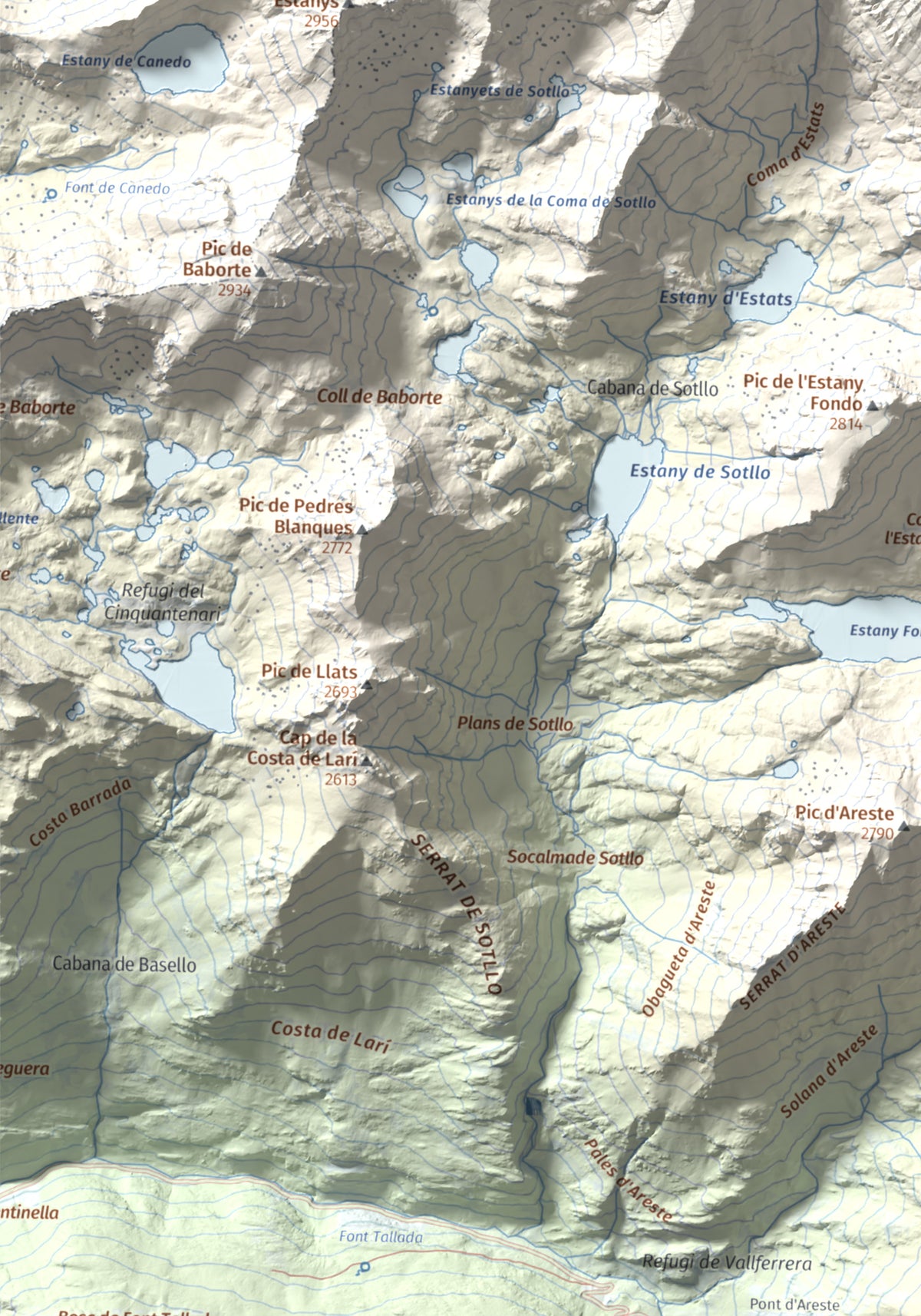 Mapa de relieve de Pica d'Estats, 3144 m, Pallars Sobirà, lámina 100 Cims de Trobart. Detalle de la zona inferior izquierda. 30 × 40 cm.