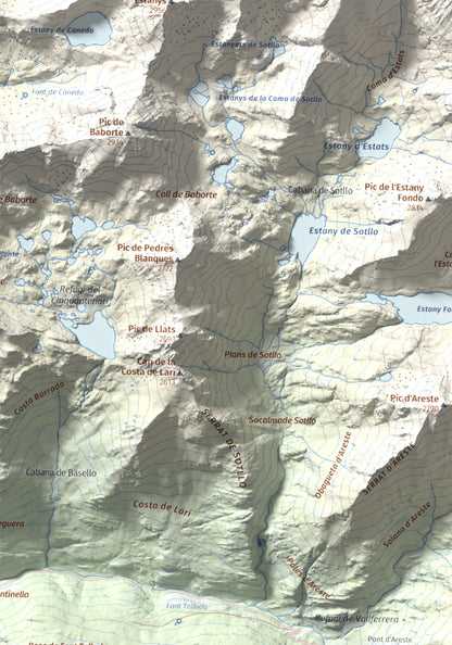 Mapa de relieve de Pica d'Estats, 3144 m, Pallars Sobirà, lámina 100 Cims de Trobart. Detalle de la zona inferior izquierda. 30 × 40 cm.