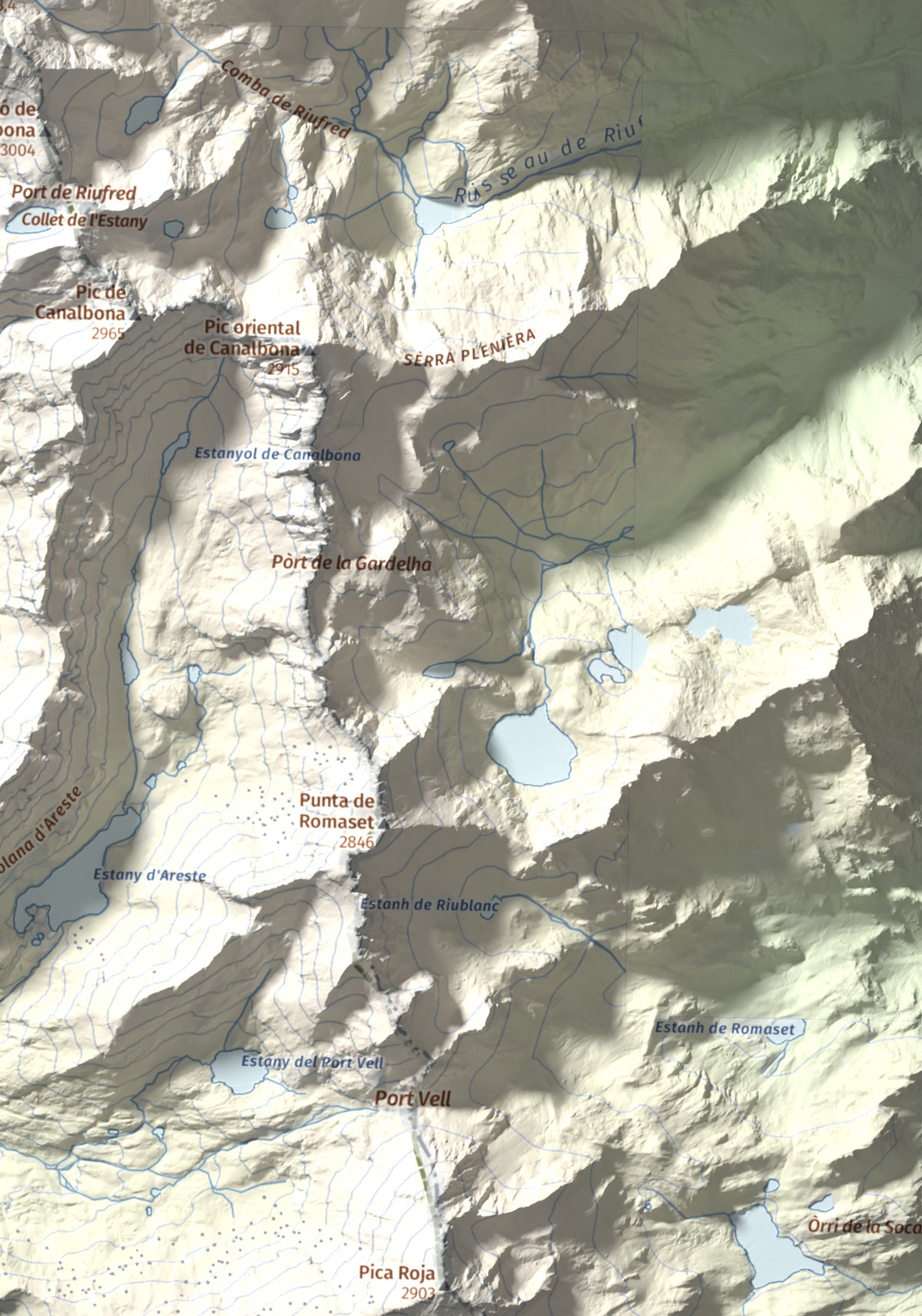 Mapa de relieve de Pica d'Estats, 3144 m, Pallars Sobirà, lámina 100 Cims de Trobart. Detalle de la zona inferior derecha. 30 × 40 cm.