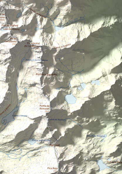 Mapa de relieve de Pica d'Estats, 3144 m, Pallars Sobirà, lámina 100 Cims de Trobart. Detalle de la zona inferior derecha. 30 × 40 cm.