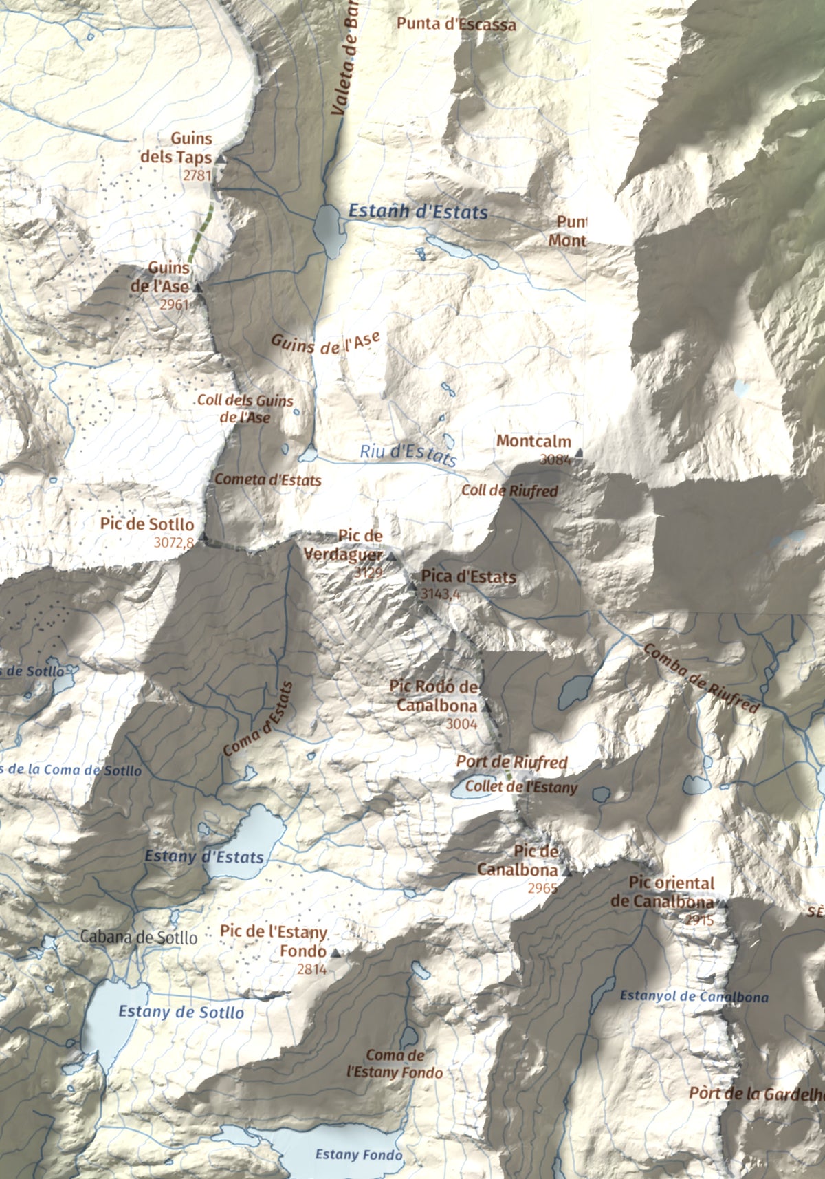 Mapa de relieve de Pica d'Estats, 3144 m, Pallars Sobirà, lámina 100 Cims de Trobart. Detalle de la zona central. 30 × 40 cm.