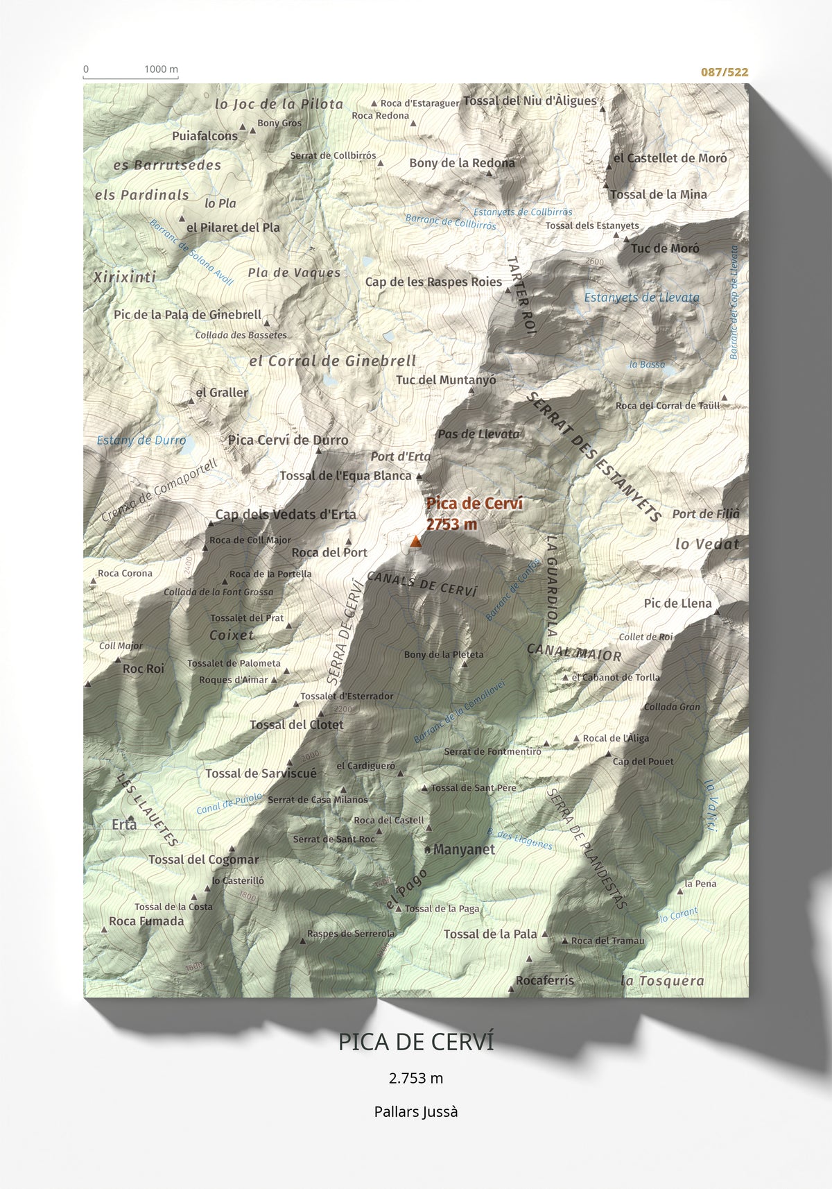 Mapa de relieve de Pica de Cerví, 2753 m, Pallars Jussà, lámina 100 Cims de Trobart 21 × 30 cm.