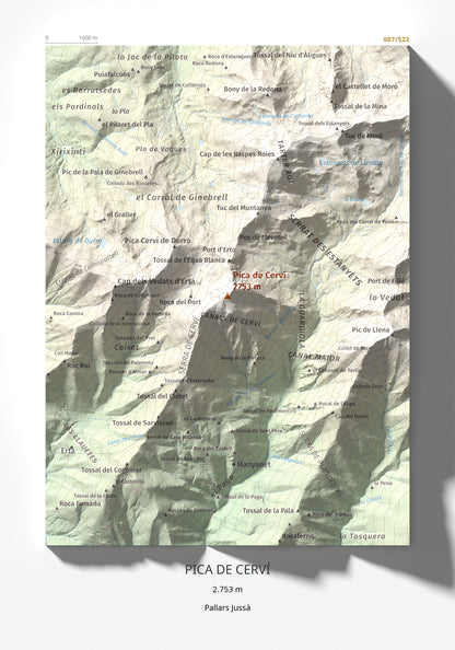 Mapa de relieve de Pica de Cerví, 2753 m, Pallars Jussà, lámina 100 Cims de Trobart 21 × 30 cm.