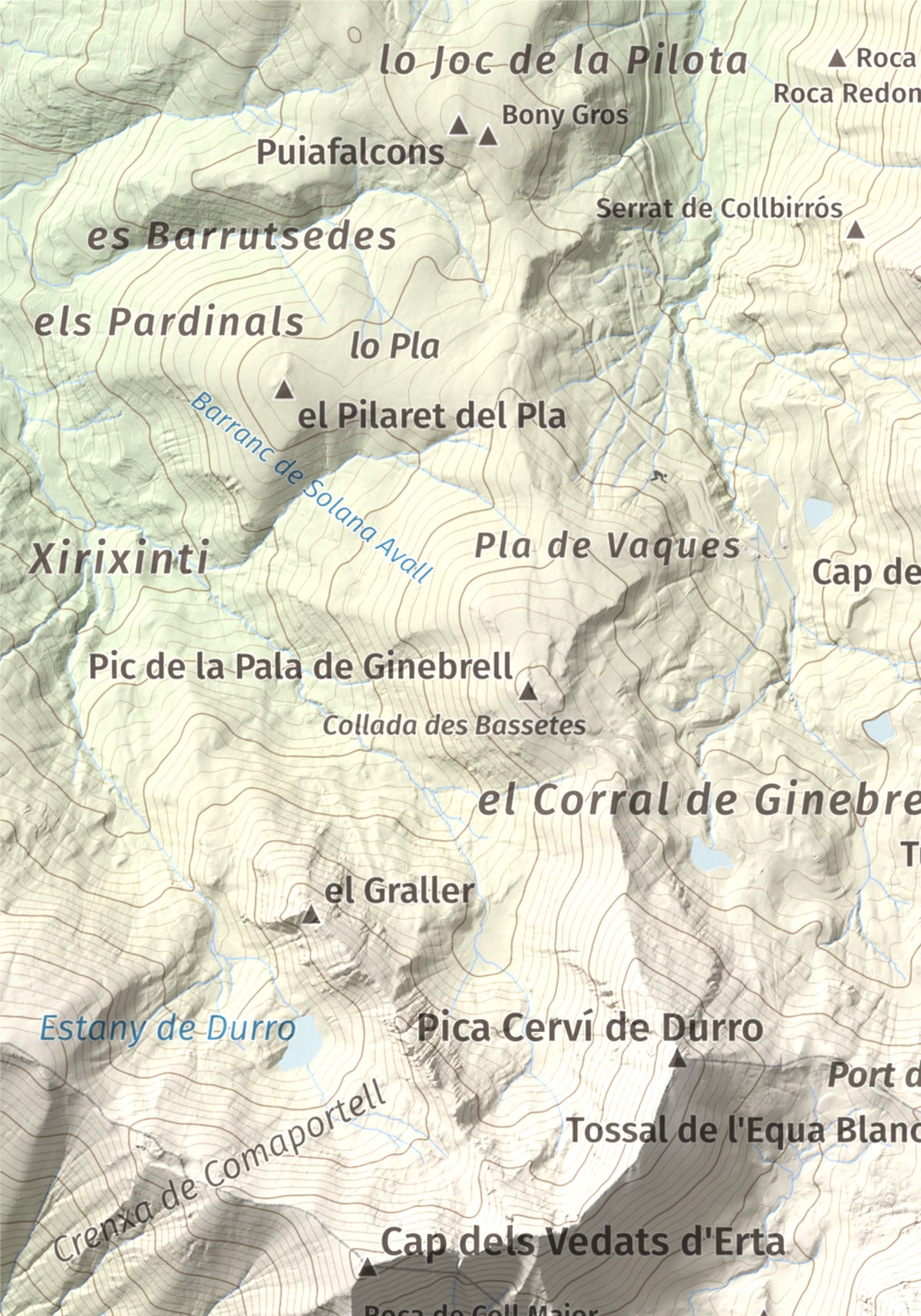Mapa de relieve de Pica de Cerví, 2753 m, Pallars Jussà, lámina 100 Cims de Trobart. Detalle de la zona superior izquierda. 21 × 30 cm.